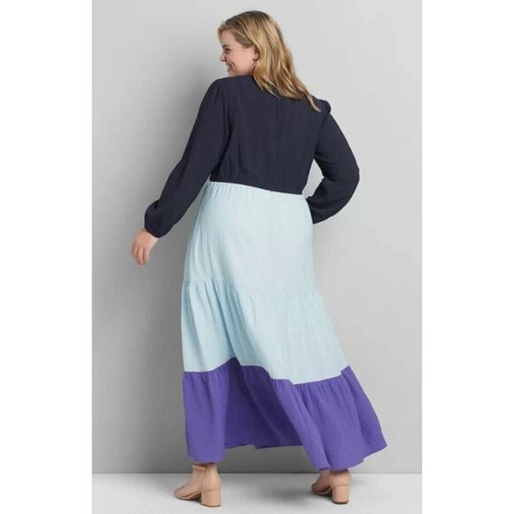 Lane Bryant Night Sky Blue Tiered Crepe Maxi Dress Colorblock Long Sleeve SZ 16 - Picture 3 of 13